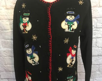 Vintage Victoria Jones Christmas Sweater, Black Cardigan Sweater, Snowman Sweater, Ugly Sweater Party, Holiday Sweater, Ugly Sweater