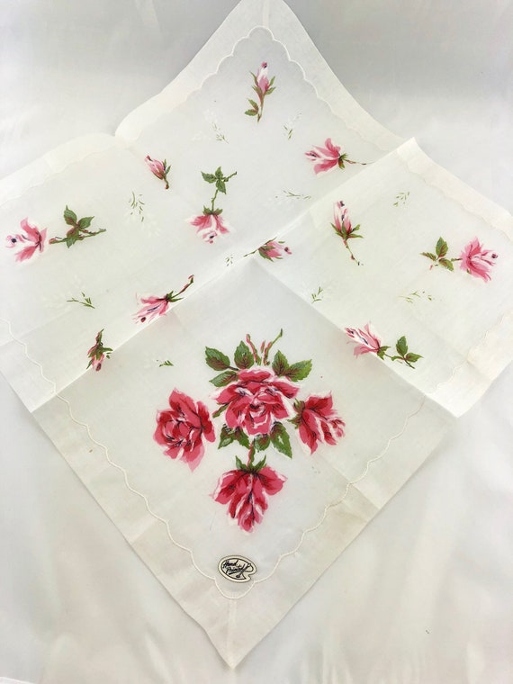 Vintage Floral Handkerchief, Pink Roses, Pink Han… - image 2