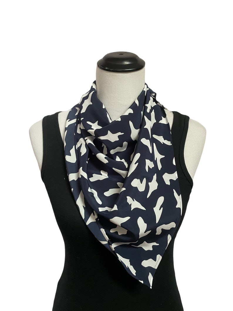 Vintage Triangle Scarf, Navy Blue Abstract Scarf, Spring Head Scarf image 6