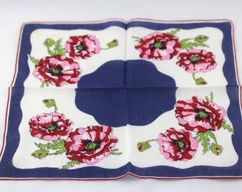 Vintage Floral Cotton Handkerchief, "Something Blue", 12" Square