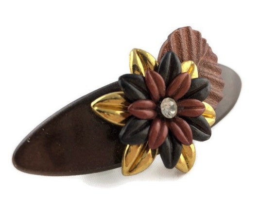 Vintage Oval Brown Floral Hair Barrette Clip, Hai… - image 3