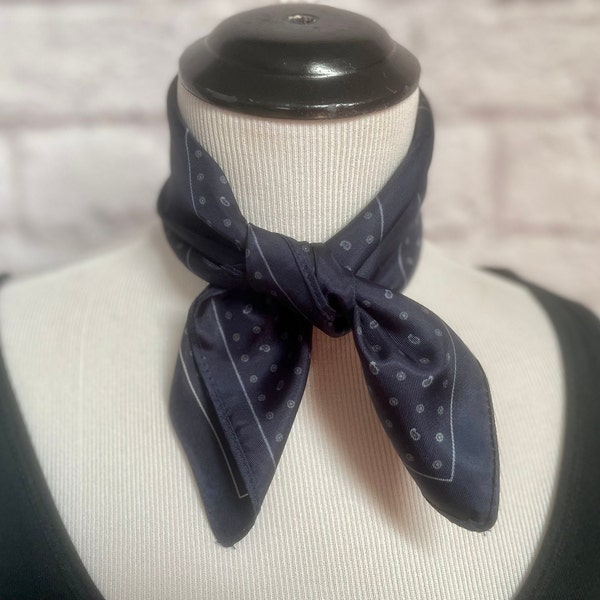 Vintage Pierre Cardin Navy Blue Acetate Scarf, Small Square Scarf, Pocket Square, Italian Scarf, Designer Scarf, Best Gift for Her