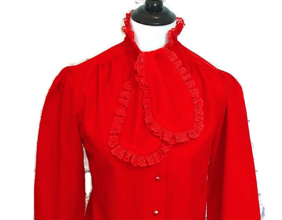 Vintage Red Ruffled Blouse, Ruffle Blouse, Red Bl… - image 1