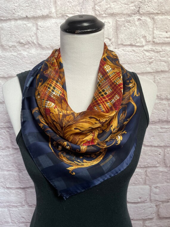 Vintage Brown Scarf, Navy Blue Scarf, Large Squar… - image 5