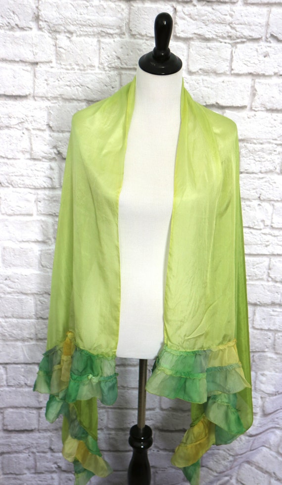 Vintage Lime Green Ruffled Silk Shawl Wrap - image 1