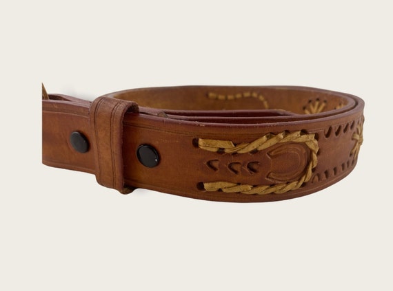 Vintage Brown Tooled Leather Western Belt, Wide L… - image 5