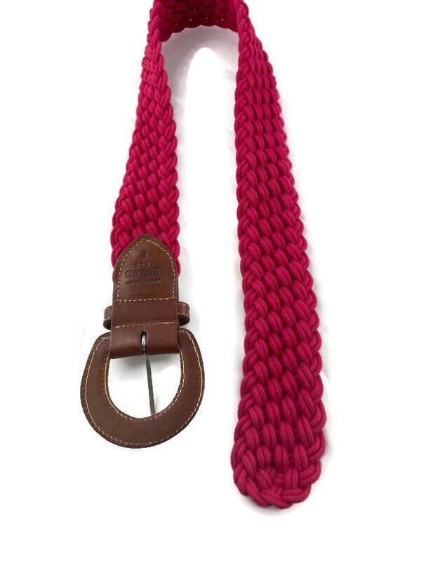 Vintage Lands End Red Woven Belt With Brown Leather Buckle 