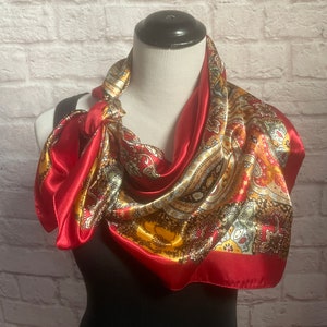Vintage Large Square Red Scarf, Colorful Scarf, Head Scarf Hair Wrap, Fall Silk Scarf, Best Gift for Her, Gift for Friend, Gift for Wife