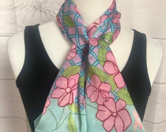 Vintage Pink Floral Scarf, Genuine Silk Scarf, Long Colorful Scarf, Cancer Awareness Scarf