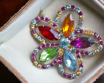 Broche vintage con flores y diamantes de imitación, joya de boda colorida