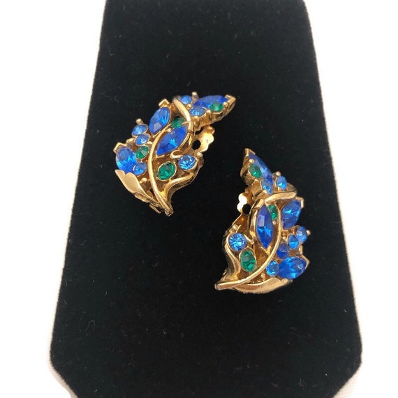 Vintage Blue Rhinestone Clip On Earrings, Special… - image 1