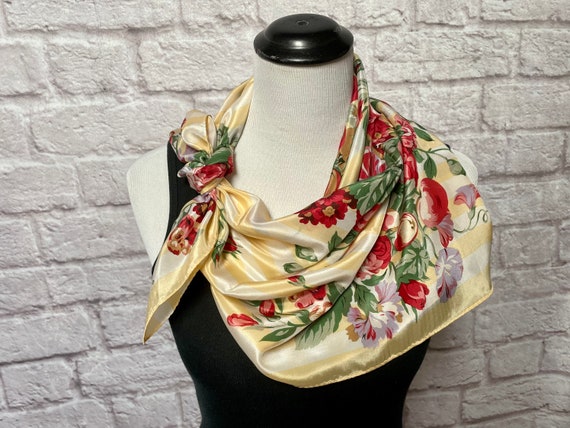 Vintage Yellow Floral Genuine Silk Scarf, Large S… - image 1