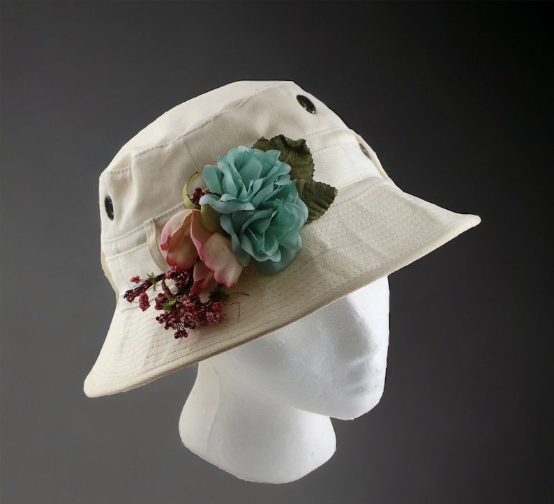 Vintage Women's Bucket Sun hat, Hippie Hat, Floral Hat, Canvas Hat, Summer Hat, Canvas Beach Hat, Boho Hat, Retro Hat, Flower Hat image 1