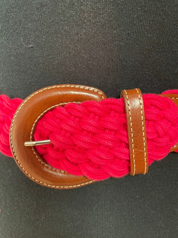 Vintage Lands End Red Woven Belt with Brown Leath… - image 6