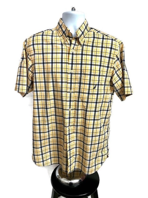 Vintage Mens Nautica Short Sleeve Yellow Plaid Shi