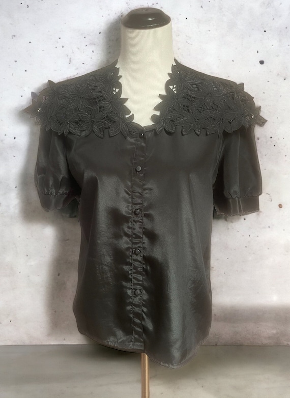 Vintage Black Short Sleeve Blouse, Eyelet Collar B