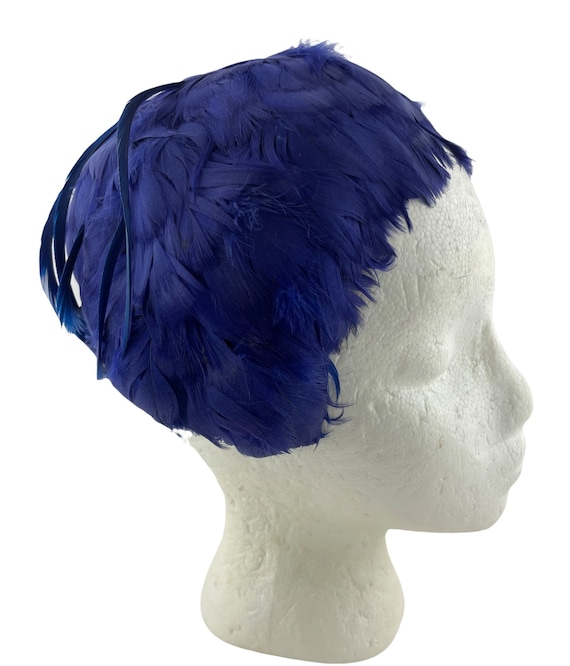 Vintage Blue Feathered Hat, Womens Half Hat, Fasc… - image 2