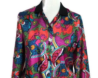 Vintage Colorful  Psychedelic Blouse with Banded Hem