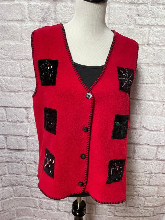 Vintage Red Fleece Christmas Vest, Holiday Vest, C