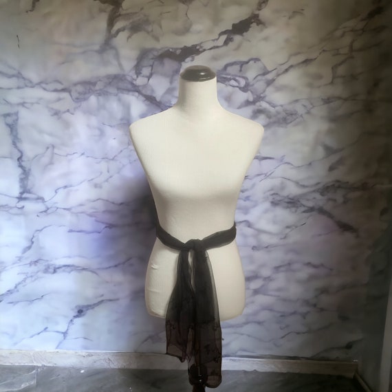Vintage Sheer Black Floral Scarf, Long Silk Scarf… - image 5