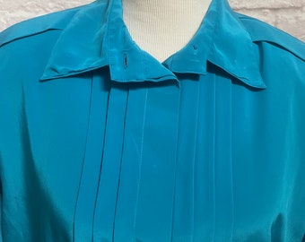 Vintage Turquoise Blouse, Pleated Front Blouse, Long Sleeve Blouse, Summer Spring Blouse, Secretary Blouse, Best Gift for Her