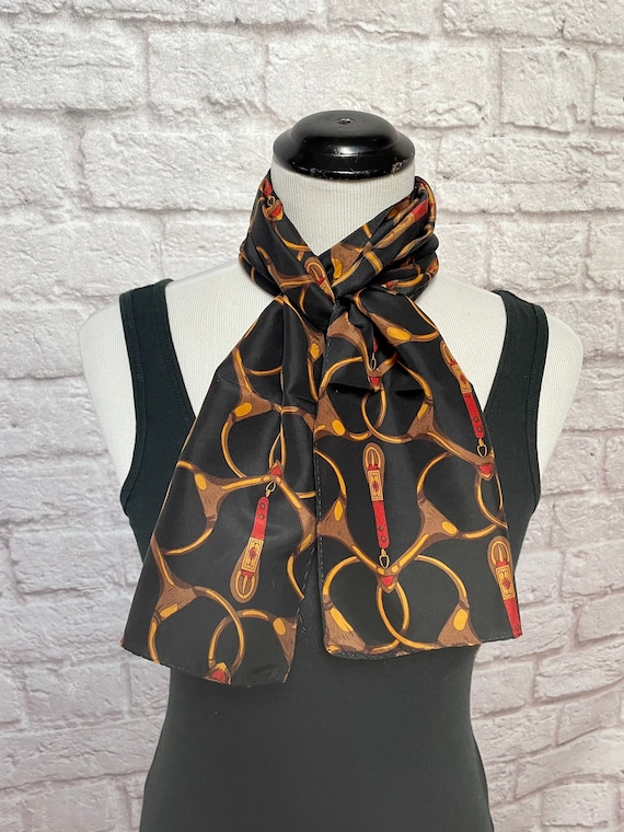 Vintage Black and Brown Long Silk Scarf with Belts