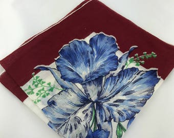 Vintage Floral Handkerchief, Vintage Hankie, Flower Girl Hankie, Wedding Handkerchief, Wedding Favor, Blue Wedding. Blue Flowers, Cotton