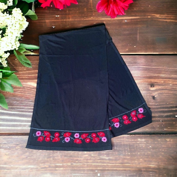 Vintage Black Knit Scarf, Embroidered Shawl, Liz … - image 1