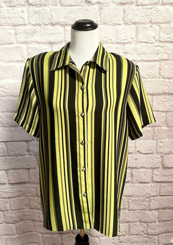 Vintage Green Striped Blouse, Womens Short Sleeve 