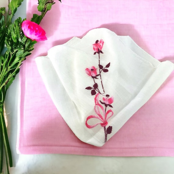 Vintage Pink Floral Handkerchief, Embroider Hanki… - image 1