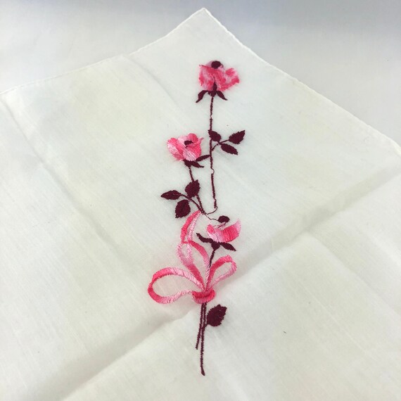 Vintage Pink Floral Handkerchief, Embroider Hanki… - image 3