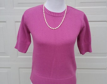 Vintage Womens Pink Sweater, Short Sleeve Cotton Knit Sweater