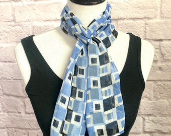 Vintage Long Blue Sheer Geometric Scarf