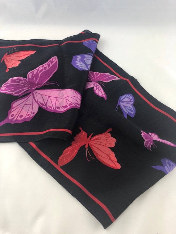 Vintage Long Black Silk Scarf, Butterfly Scarf, H… - image 10