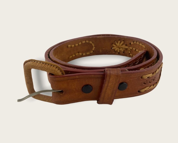 Vintage Brown Tooled Leather Western Belt, Wide L… - image 2
