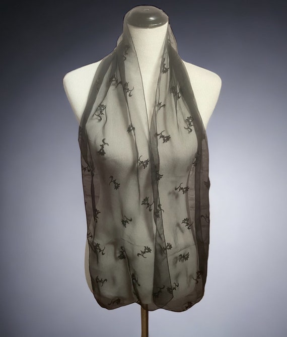 Vintage Sheer Black Floral Scarf, Long Silk Scarf… - image 1