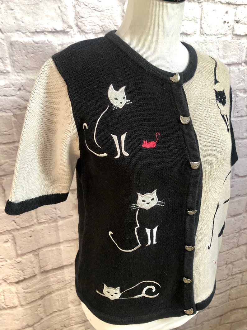Vintage Womens Christopher Banks Short Sleeve Cardigan Sweater with Cats