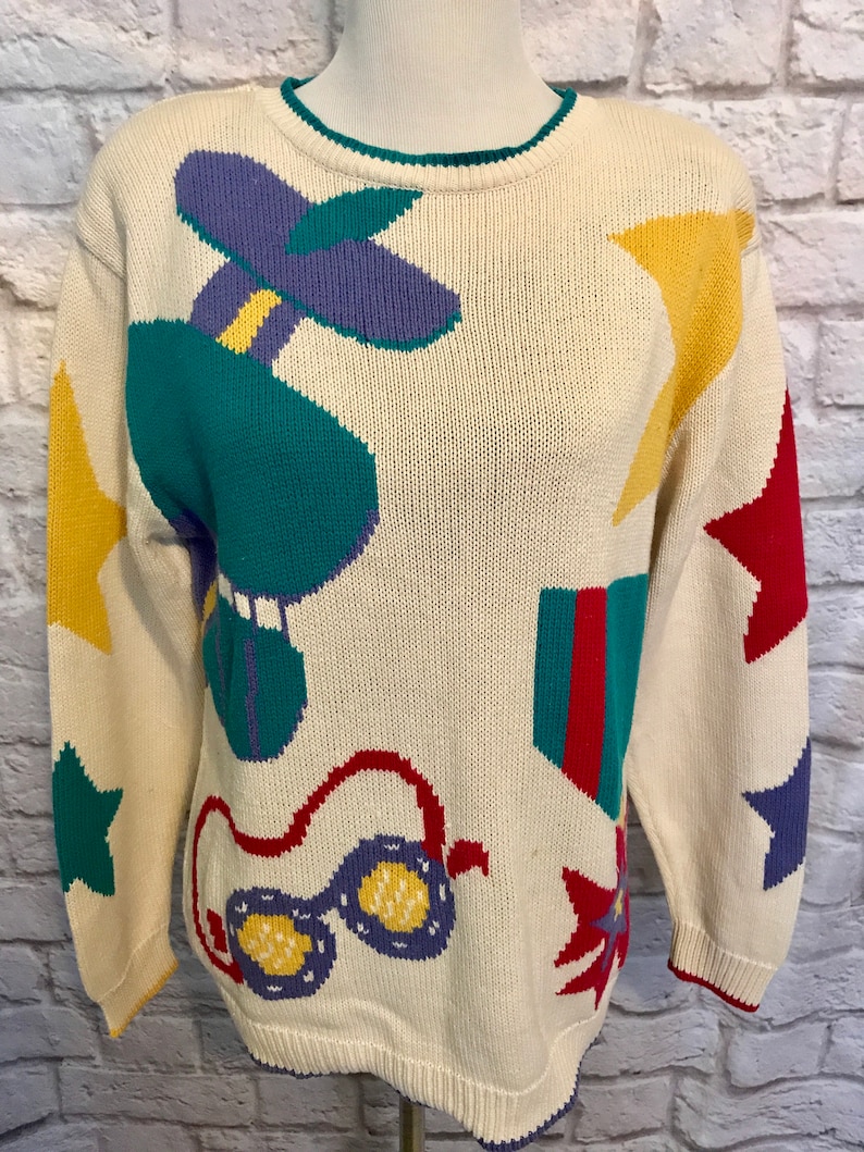 Vintage Heirloom Collections Oversized Cotton Knit Colorful Geometric Print Sweater