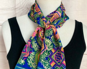 Vintage Blue Silk Scarf, Colorful Spring Scarf, Long Genuine Silk Scarf