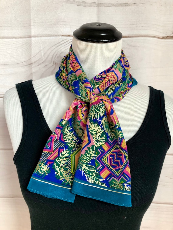 Vintage Blue Silk Scarf, Colorful Printed Design (52x11.5) - Etsy