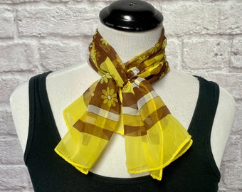 Vintage Yellow and Brown Sheer Scarf, Floral Scarf, Summer Scarf, Head Scarf Hair Wrap