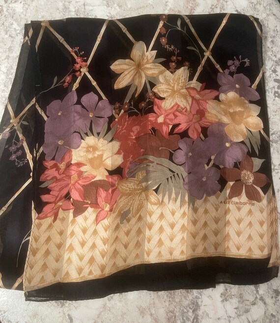 Vintage Liz Claiborne Long Black Silk Scarf, Flor… - image 6