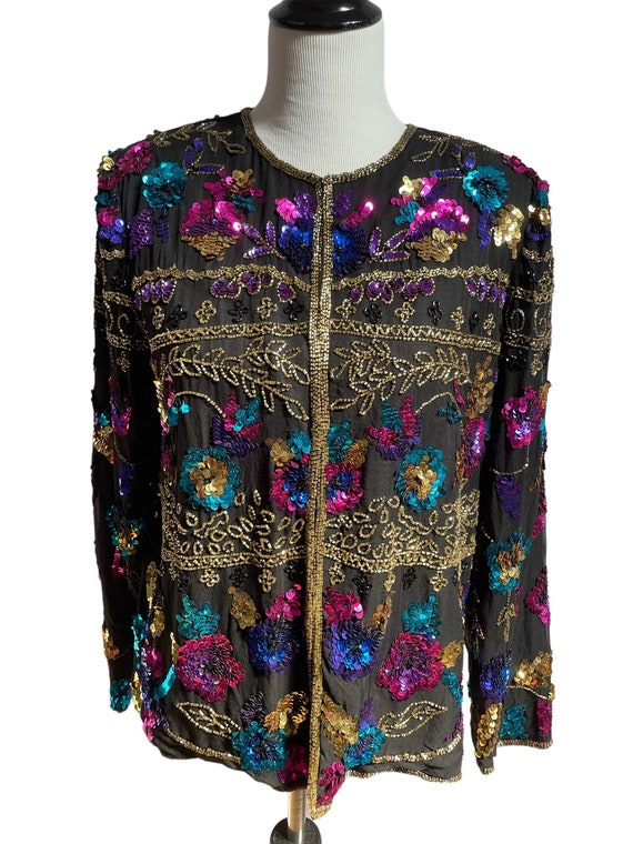 Vintage Sequin Jacket, Beaded Evening Jacket, Bla… - image 1