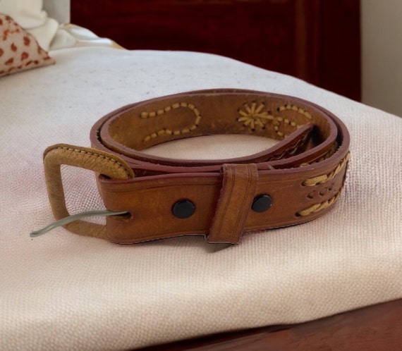 Vintage Brown Tooled Leather Western Belt, Wide L… - image 1
