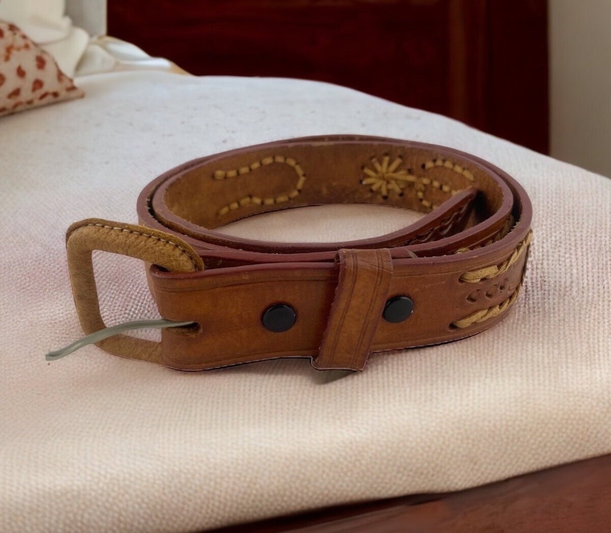 Vintage Brown Tooled Leather Western Belt, Wide Leather Waist Belt