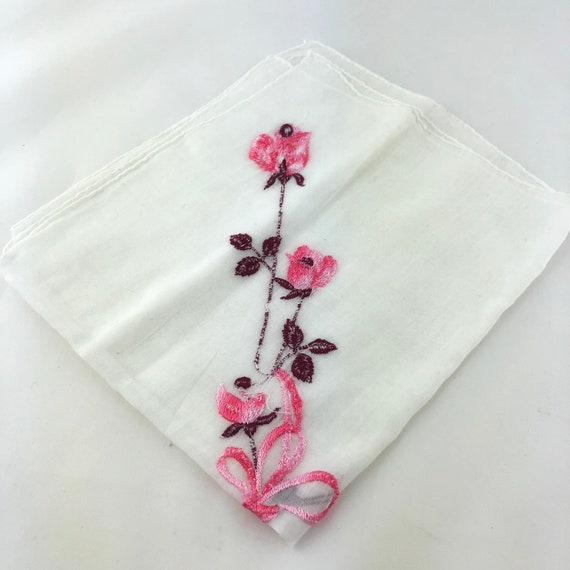 Vintage Pink Floral Handkerchief, Embroider Hanki… - image 8