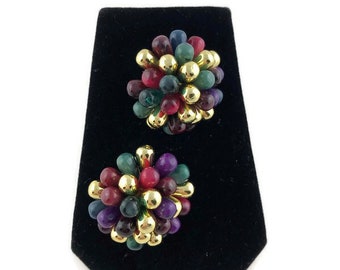 Vintage Large Purple Green and Gold Beaded Clip Earrings