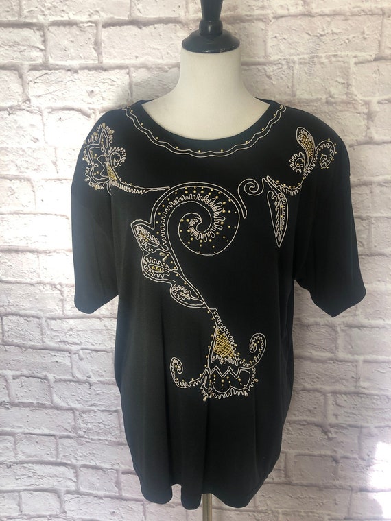 Vintage Womens Lisa International Black Beaded Tee