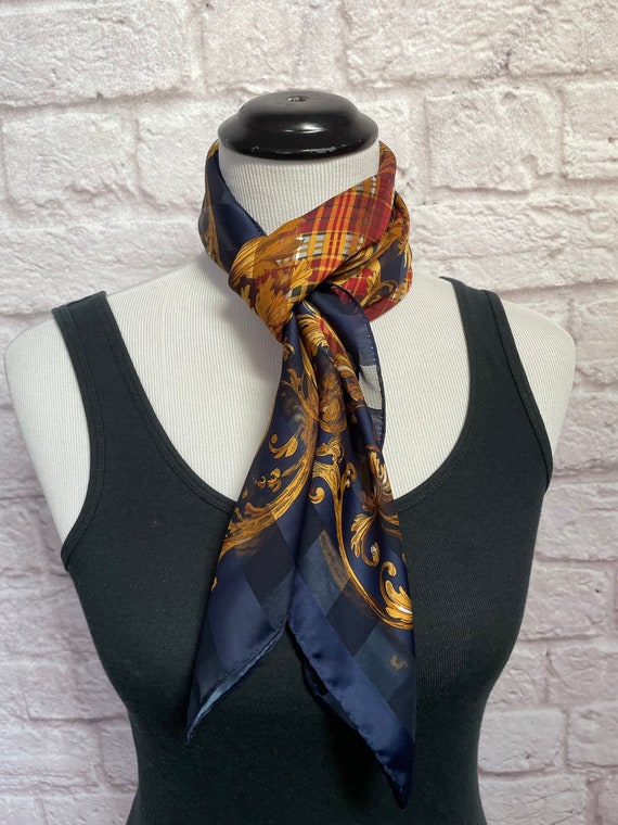 Vintage Brown Scarf, Navy Blue Scarf, Large Squar… - image 6