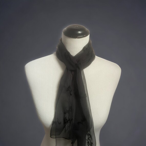 Vintage Sheer Black Floral Scarf, Long Silk Scarf… - image 2
